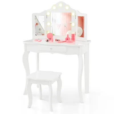 Produktbild von DREAMADE Kinder Schminktisch-Set mit 9 LED-Lichtern, Prinzessinnen-Spiel Schminktisch mit dreifach klappbarem Spiegel, 3-farbiger Beleuchtung, Schublade & Hocker, Kleinkind-Schminktisch & Schreibtisch mit abnehmbarem Oberteil, Weiß