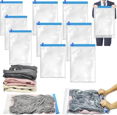 Produktbild von PolkaHome® Vakuumbeutel für Kleidung ohne Pumpe, Reiseset, 10 Stück, 3 Größen