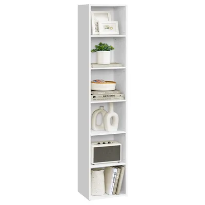 A tall, narrow, white bookshelf with items on each shelf.