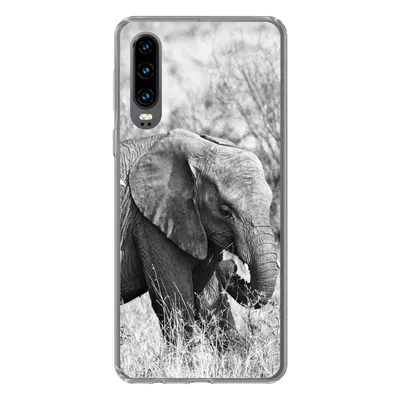 Produktbild von MuchoWow® Handyhülle Schutzhülle Hülle für Huawei P30 Elefant - Tiere - Gras - Schwarz und weiß Silikon Softcase Handy Hülle - Kartenbesitzer