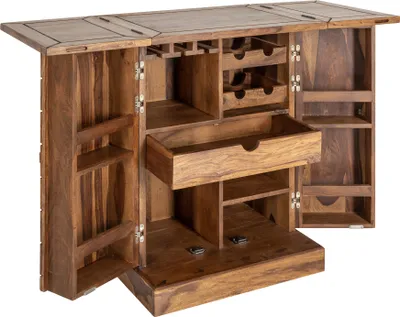 Produktbild von Handgearbeiteter Barschrank MOSAICO 130cm braun Sheeshamholz stone finish 3D Effekt