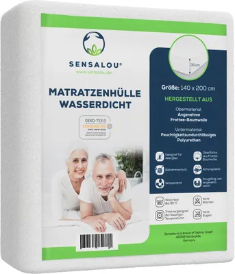 The image shows the packaging of a mattress protector with product information and images.