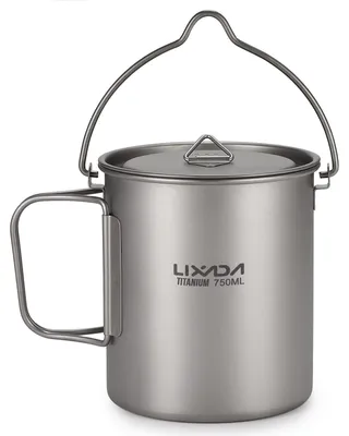 Zdjęcie produktu dla Kubek kempingowy tytanowy - Ultralekki - Składane uchwyty - 2w1 garnek z pokrywką - Kubek z podziałką - Na kemping i wędrówki