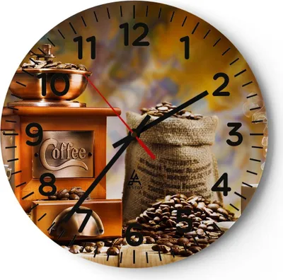Produktbild von Wanduhr - Rund - Glasuhr - Kaffee Körner Mühle Tasse - 30x30cm - Schleichendes Uhrwerk - Lautlos - zum Aufhängen bereit - Dekoration Modern - Wanddekoration aus Glas - C4AR30x30-2592