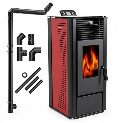 Imagen del producto de Estufa de pellets THUNDER KARMEN-RED 9 kW con WiFi, termostato, mando a distancia, depósito de 20 kg, roja, con tubos de humos