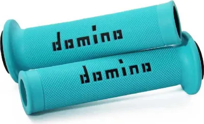 Two blue motorcycle grips with the brand name 'domino' printed on them.