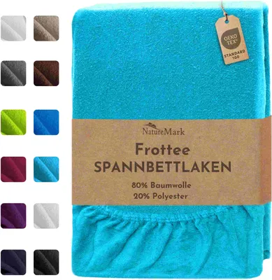 A turquoise fitted sheet is shown folded, with a swatch of other available colors on the left side of the image. A brown tag with product information is attached to the sheet.