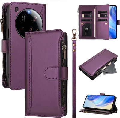 Image de Étui pour Xiaomi 15 Ultra, étui à fermeture éclair en cuirPolyuréthaneavec pochettes pour cartes, support et boucle pour les mains Violet