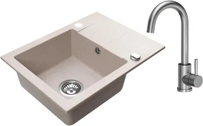 Produktbild von VBChome Granitspüle 59 x 44 cm Beige mit Armatur Einzelbecken Einbauspüle Reversibel Gesprenkelt Pflegeleichtes Spülbecken mit Siphon