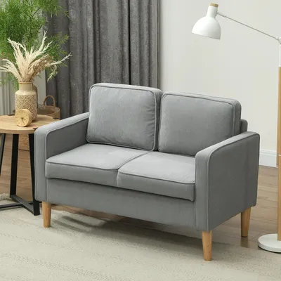Produktbild von Zweisitzer-Sofa mit Stauraum, Cordstoff, kompaktes 2-Sitzer-Sofa mit Holzbeinen, Hellgrau | 117 x 63 x 79 cm | bis 24 kg | abnehmbare Rückenkissen