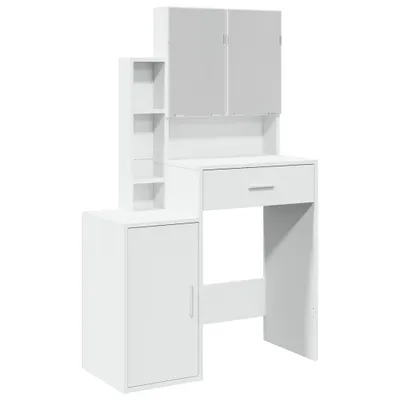 A white vanity desk with storage cabinets and shelves against a white background.