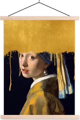 Produktbild von MuchoWow® Textilposter Mädchen mit einem Perlenohrring - Gold - Vermeer 60x80 cm mit holzfarbenen Rahmen - Wandbild
