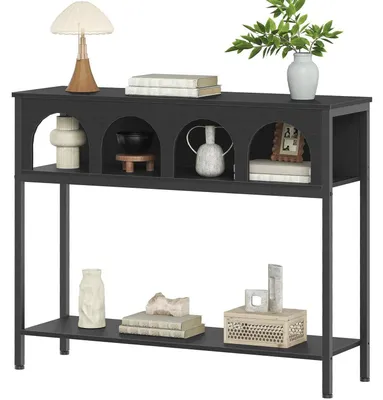 Produktbild von Schmaler Konsolentisch mit Bogendesign, 3 Ablagen, Landhausstil, Beistelltisch, Sofatisch, Metallgestell, Flurtisch, Schwarz