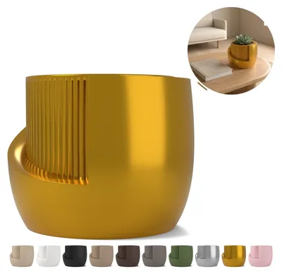 Produktbild von Blumentopf Japandi mit Übertopf 8,4 cm, Einsatz mit Loch, 3D-Druck PLA – Seidengold