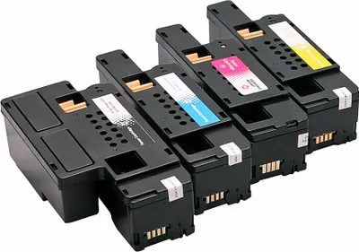 Four toner cartridges are arranged diagonally on a white background.