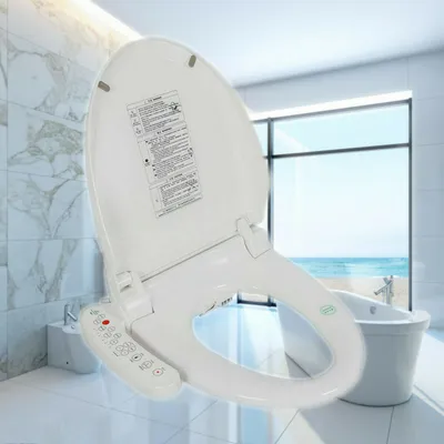 A bidet toilet seat is shown in a modern bathroom with a large window overlooking the ocean.