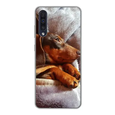 Produktbild von MuchoWow® Handyhülle Schutzhülle Hülle für Samsung Galaxy A30s Niedlicher Dackel liegt unter der Bettdecke Silikon Softcase Handy Hülle - Karteninhaber