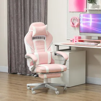 Produktbild von Gamingstuhl mit Fußstütze Kunstleder Rosa, Bürostuhl höhenverstellbar, Schreibtischstuhl Kopfkissen Lendenkissen, 150° | 63x63x123 cm | 120 kg