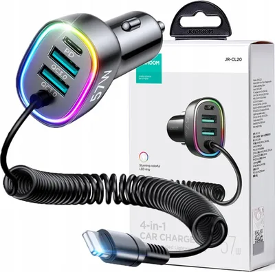 Immagine prodotto di Joyroom Caricabatterie da auto veloce 4 in 1 Pd, Qc3.0, Afc, Fcp con cavo Lightning 1.6M 57W Nero (Jr-Cl20)