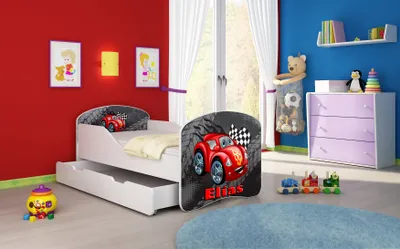 Produktbild von ACMA I Jugendbett Kinderbett Junior-Bett Komplett-Set mit Matratze Lattenrost Weiß 04 Rote Auto 140x70 + Bettkasten