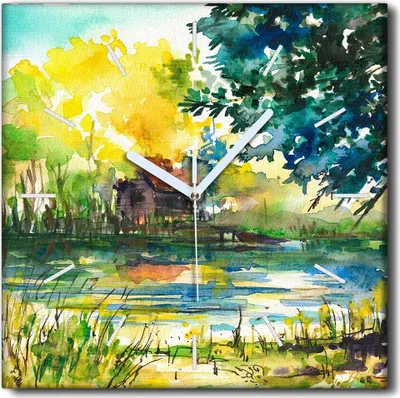 Produktbild von Coloray Uhr auf Leinwand 30x30 cm Wand Uhr Dekoration Wohnzimmer Segeltuch weiße Zeiger -Landschaftsdorf Baum.