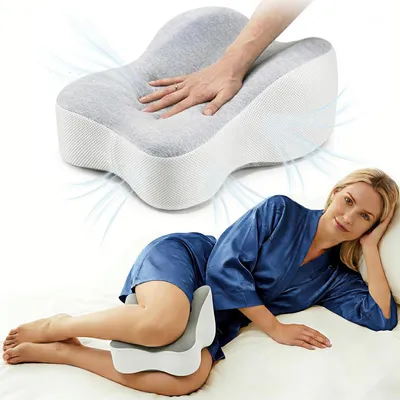 Obrázek produktu pro Kolenní polštář, 1 kus, půlkruhový tvar, ergonomický pro spaní na boku, modrý s bavlněným potahem a viskoelastickou pěnou