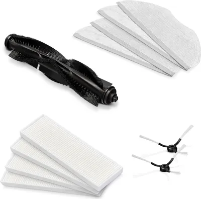 A collection of spare parts for a robot vacuum cleaner, including a main brush, filters, and side brushes.