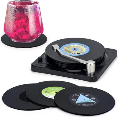 Produktbild von Retro-Vinyl-Schallplatten Untersetzer mit Spieler, 6er Set, Nostalgische Geschenke