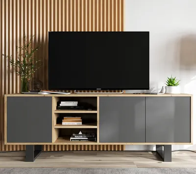 Produktbild von TV Lowboard Apollo Lindner Möbel, TV Schrank, Fernsehschrank und Sideboard, 3 Türen, in Wotan Eiche matt und Graphit matt, Maße 150 x 53 x 35 cm
