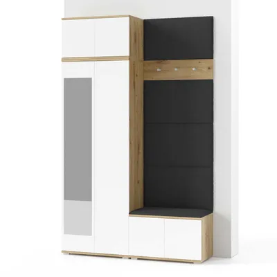Produktbild von Garderoben-Set Aura Version 2: Kleiderschrank mit Polsterpaneelen, Schuhschrank Flur und Eingangsbereich (weiß/Artisan-Eiche /Trinity 16)