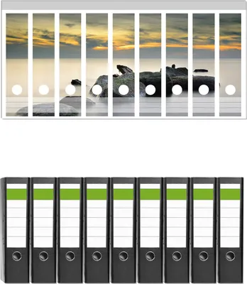 Produktbild von Wallario 9 Stück breite Ordner inkl. Klebeetiketten mit Motive Mystische Felsen im Meer -  Set mit Rückenschildern / Ordnerrücken Stickern