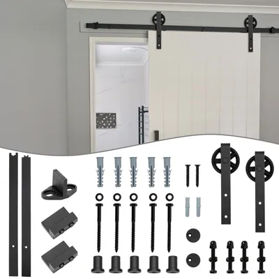 Zdjęcie produktu dla System przesuwnych drzwi Ikodm, wysokość 200 cm, z dużymi rolkami, zestaw okuć do drzwi przesuwanych typu "barn door", udźwig 135–150 kg, do drzwi o szerokości 98 cm, grubość drzwi 40–45 mm
