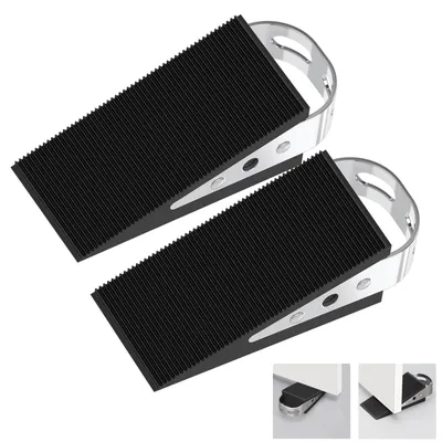 Produktbild von Set mit 2 keilförmigen Türstoppern, schwarz | Türstopper aus Gummi mit Edelstahlgriff | Rutschfeste Unterseite | Geeignet für alle Türen und Böden | 10 cm x 5 cm x 3 cm