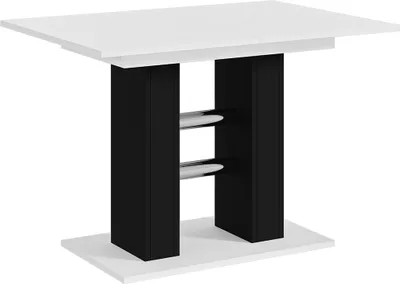 A modern dining table with a white top and a black pedestal base.