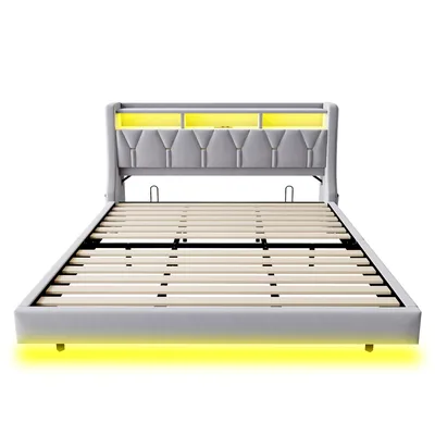 Produktbild von Flieks Polsterbett 180x200cm mit Ladefunktion, Jugendbett Doppelbett mit Led, Stauraumbett Holzbett mit Stauraumkopfteil, Samt, Hellgrau