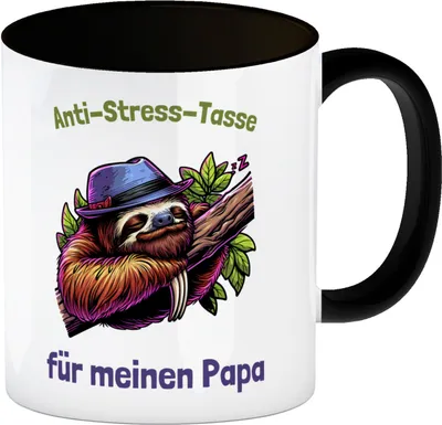 Produktbild von Papa-Faultier mit Hut Kaffeebecher in schwarz mit Spruch Anti-Stress-Tasse für