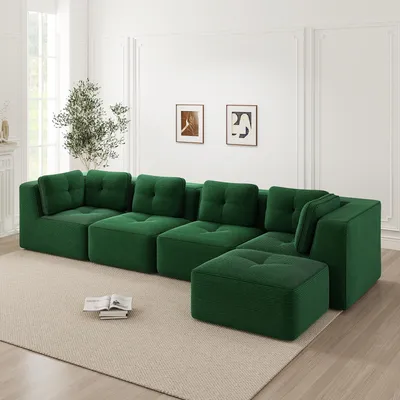 Produktbild von Cordstoff-L-förmiges Viersitzer-Sofa, rahmenlos, Tiefensitz, 386 x 177 x 69 cm, Grün