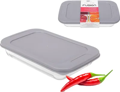 Produktbild von Hitzebeständiger Glasbehälter, transparent, rechteckig, Salatschüssel mit grauem Deckel für Lebensmittel, FUSION Artikel-Nr. 81458, 1000 ml