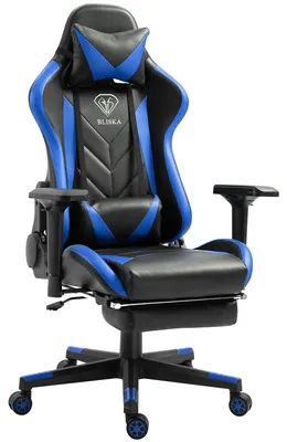 Produktbild von Gaming Stuhl mit Fußstütze und ergonomsichen 4D-Armlehnen gaming chair in ergonomischer Sportsitz Optik Gamer Stuhl mit verstellbaren Rückenstützkissen Bürostuhl,Farbe:Schwarz/Blau