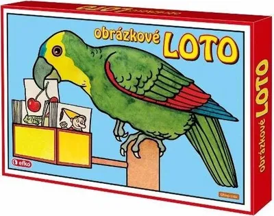 A box of a children's board game called "Obrázkové LOTO" featuring a cartoon parrot.