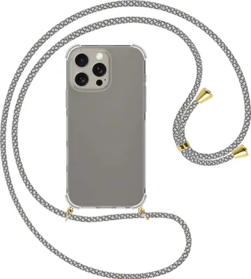 Produktbild von Handykette Backcover-Schutzhülle mit Band (Metall goldfarben) für iPhone 16 Pro Max - weiß/grau kariert