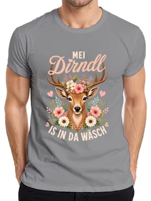 Productafbeelding van Mei Dirndl, wasbordjurk met hertjes en bloemenprint, lederen broek, Alpenstijl, heren T-shirt, grijs, maat L