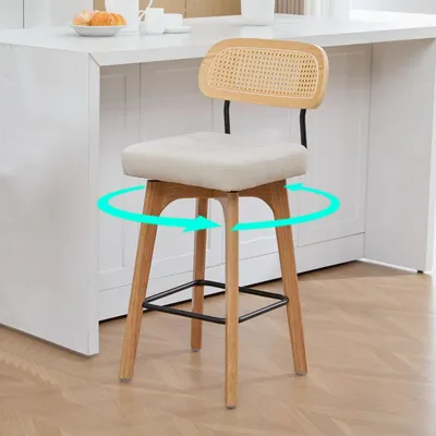 Productafbeelding van Set van 2 draaibare barkrukken, geschikt voor de bar, keuken of ontbijtruimte, met rugleuning en zitting van chenille, kleur beige