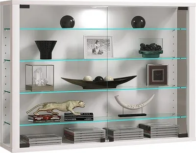 Produktbild von Glasvitrine hängend, Vitrine Glas mit ESG-Sicherheitsglas, Maße: H. 60 x B. 83 x T. 18 cm, Hängevitrine Glas, Modern und platzsparend, Glas Vitrinenschrank - Vitrosa L