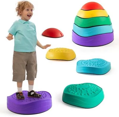 Produktbild von Balanciersteine für Kinder – Stapelsteine zur Förderung der Geschicklichkeit und des Gleichgewichts – Rutschfeste Oberfläche – Set mit 5 Stück – Mehrfarbig