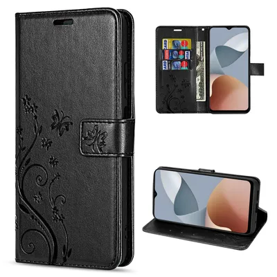 A collage of images showing a black flip phone case with a floral design, a phone inside the case, and the case open to show card slots.