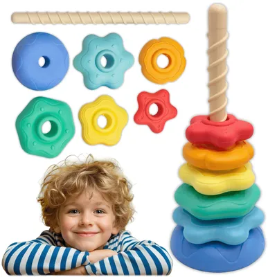 Produktbild von KRUMAD Stapelturm Kinder, Steckspiel mit Ringen, Lernspielzeug ab 3 Jahre, Montessori Stapelspiel, Farben & Formen lernen, Motorikspielzeug Baby