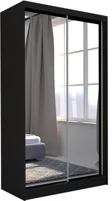 A black wardrobe with mirrored sliding doors, reflecting a bedroom interior with curtains and a window.