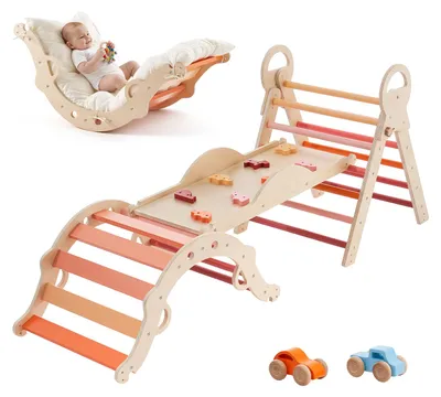 Immagine prodotto di SucceBuy Giocattolo da arrampicata 9 in 1 per bambini, con macchinine in legno, cuscini, triangolo da arrampicata, scivolo e arco da arrampicata, portata massima 68 kg, set da gioco Montessori da interno per bambini da 1 a 3 anni, arancione