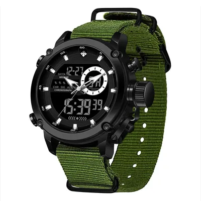 Zdjęcie produktu dla Męski zegarek sportowy w stylu militarnym – zegarek kwarcowy z wyświetlaczem analogowo-cyfrowym – wodoodporny do 30 m (3 bar) – nylonowy pasek – koperta ze stopu metali – zapięcie na szpilkę – kolor zielony